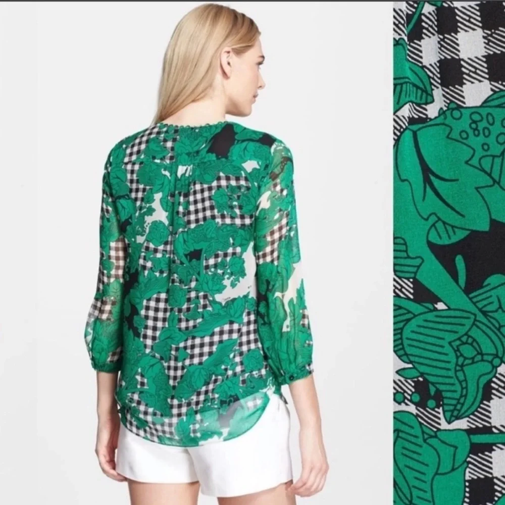 DIANE VON FURSTENBERG CAMDEN SILK LONG PUFF SLEEVE GREEN BLACK WHITE BLOUSE